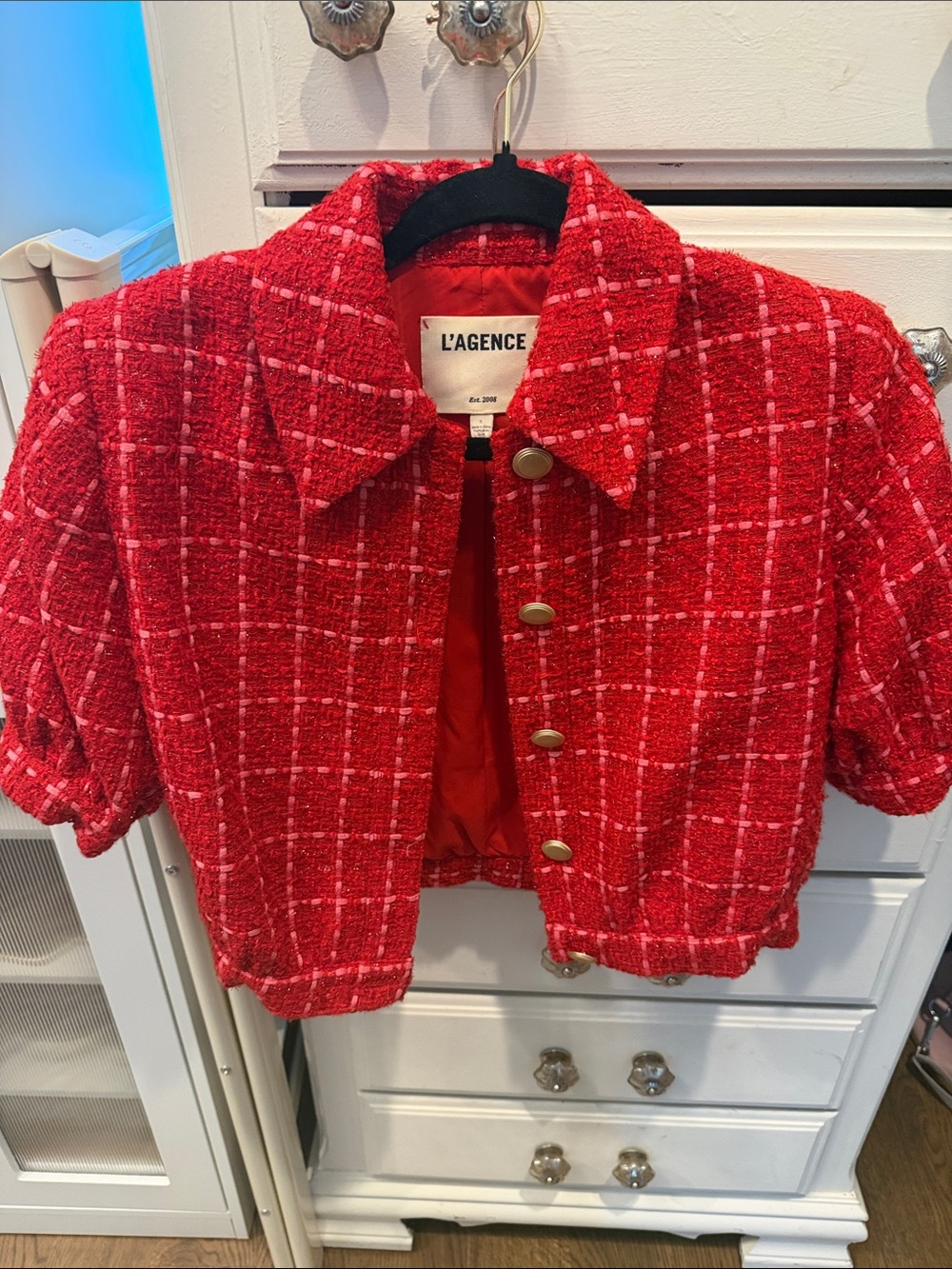 L'AGENCE Red Plaid Tweed Cropped Jacket with Gold Buttons